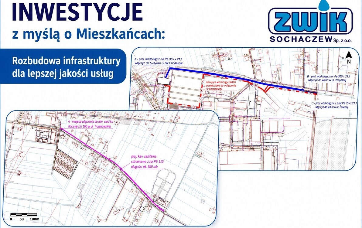 Zdjęcie przedstawia mapki z zaznaczonym przebiegiem nowych inwestycji ZWiK