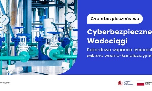 Grafika przedstawiająca wnętrze wodociągu i napis Cyberbezpieczne wodociągi