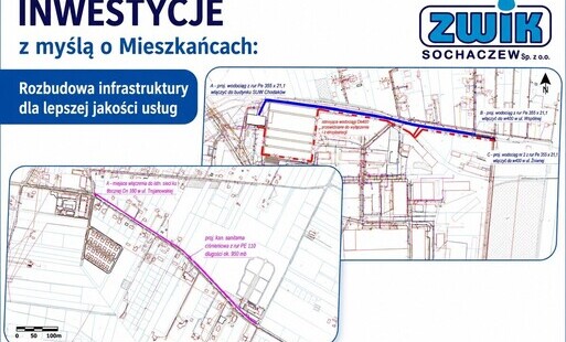Zdjęcie przedstawia mapki z zaznaczonym przebiegiem nowych inwestycji ZWiK